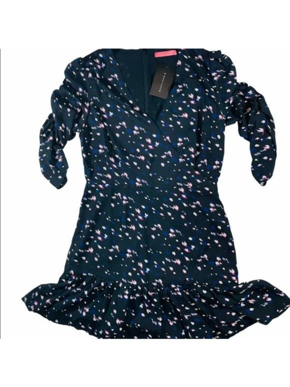 Signature 8 NWT Floral Print Long Sleeve Wrap Dress Ruffle Hem Black Pink